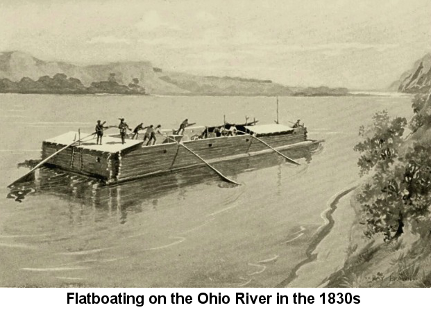 Black and white reproduction of a watercolor painting depicting several men at the oars of a large flatboat made of logs, near one bank of the Ohio River